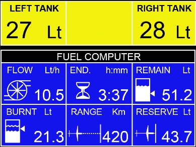 Fuel management: 3 capacitive or resistive televel input, Optional Fuel Computer (will require a software key) with Flow Meter, Endurance, Remaining, Burmed, Range and Q.ty to destination (require GPS connection)