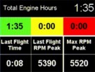 Hour meters: Total accumulated time by the engine, time run in green-yellow-red zone, last flight time, max peak reached in the last flight, max peak reached ever by the engine thumbnail